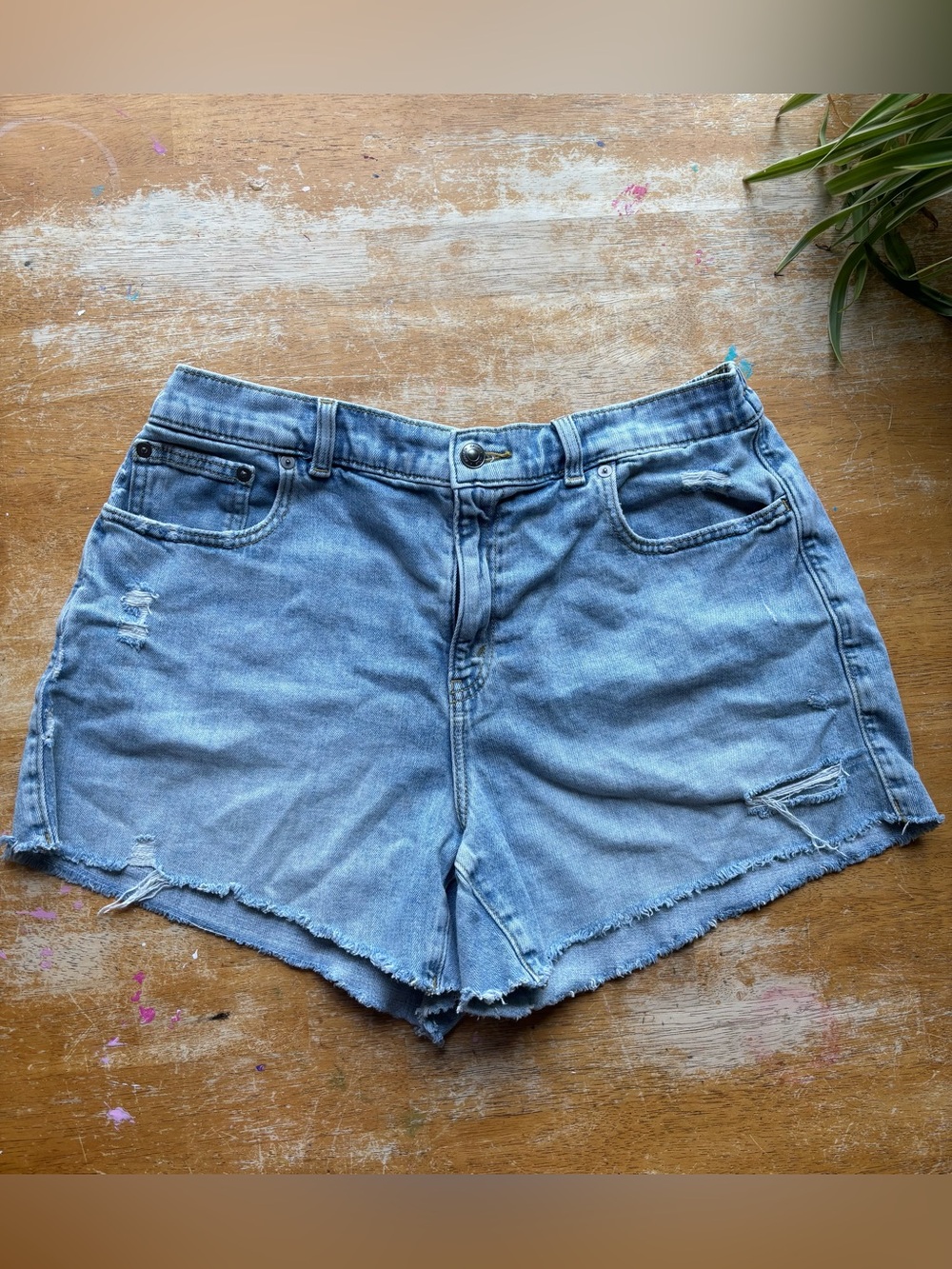 aerie Light Wash Denim Frayed Hem Shorts elastic waist